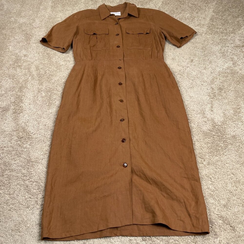 Oberon Dress Women L Brown Vintage Linen Safari Maxi Modest Button Front Western - Picture 2 of 9